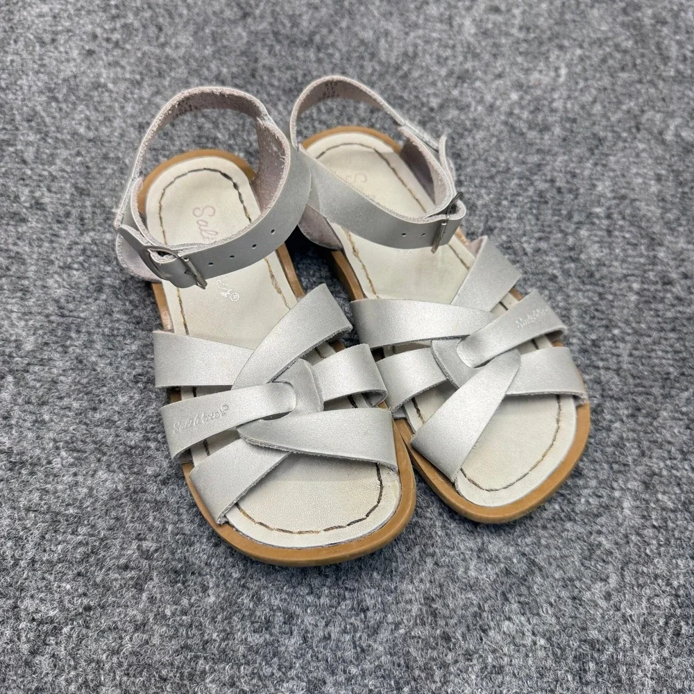 Salt Water Sandals Hoy Original Kids 11 Silver Metallic Leather Strappy Summer